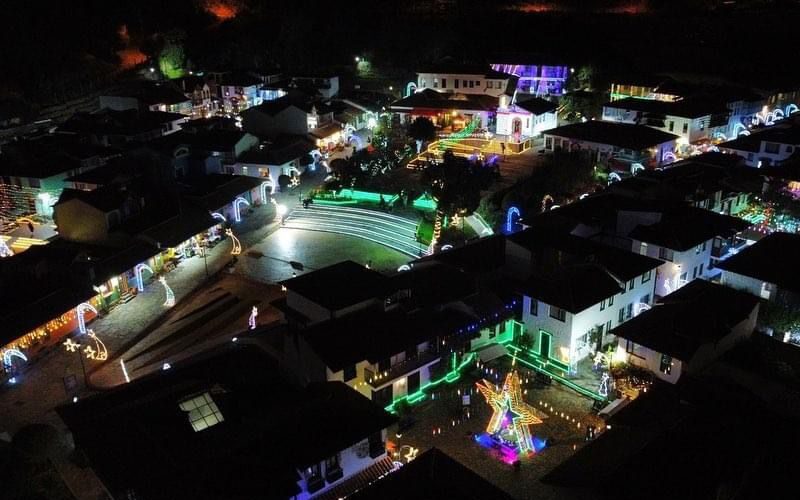 Colonial houses illuminated with Christmas lights in Pueblito Boyacense